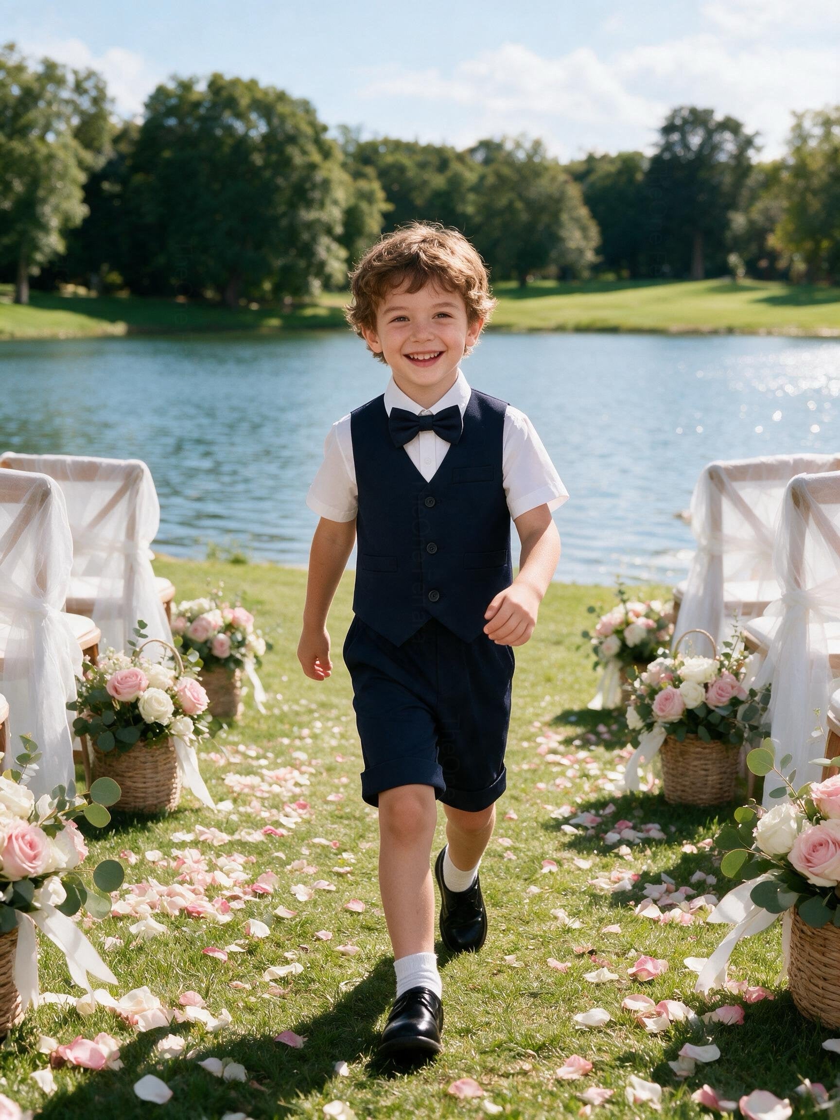 Completo Elegante Bambino Estivo 4 Pezzi con Pantaloncini Abito Cerimonia Matrimonio 1-8 Anni Blue notte