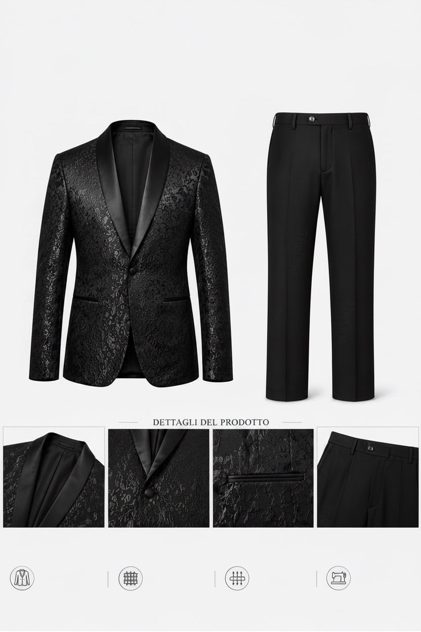 Abito Uomo Cerimonia Slim Fit Blu Jacquard Elegante Smoking Fantasia 2pz Nero