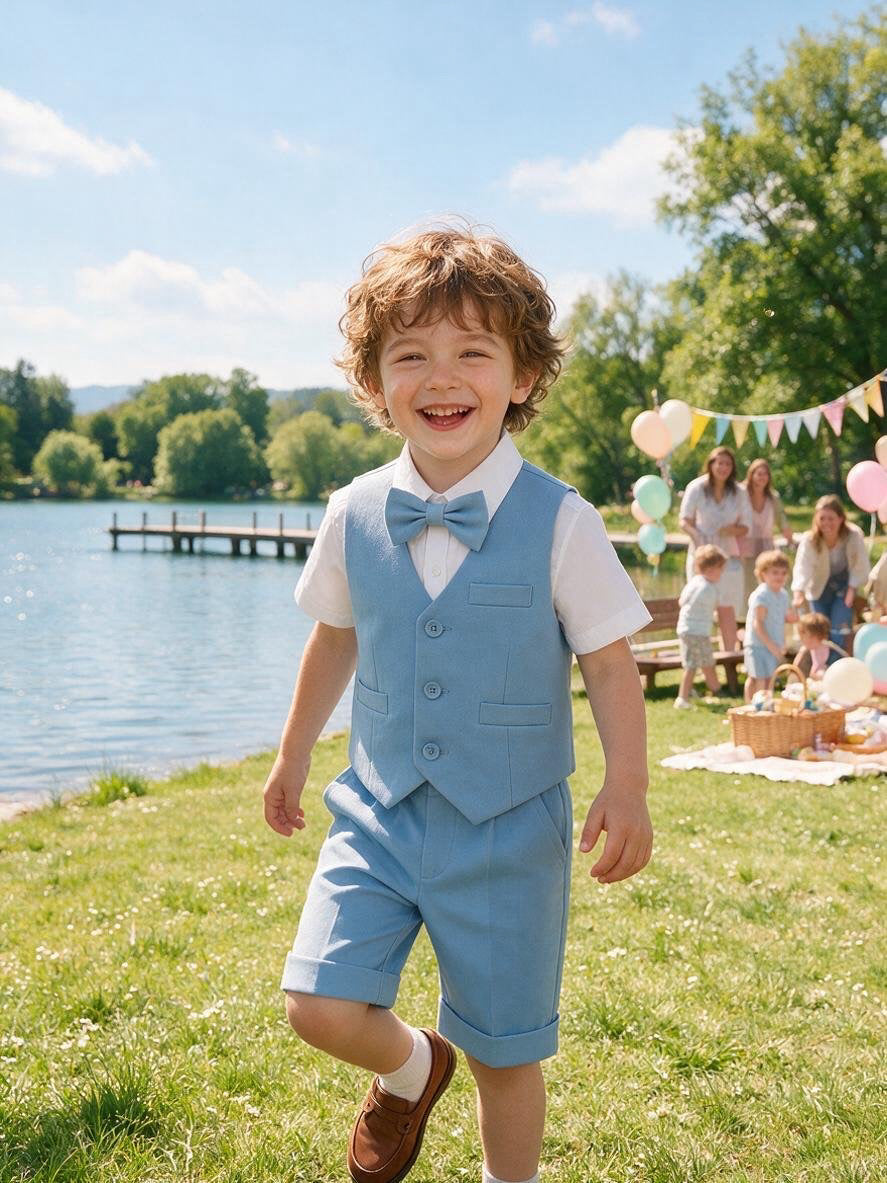 Completo Elegante Bambino Estivo 4 Pezzi con Pantaloncini Abito Cerimonia Matrimonio 1-8 Anni