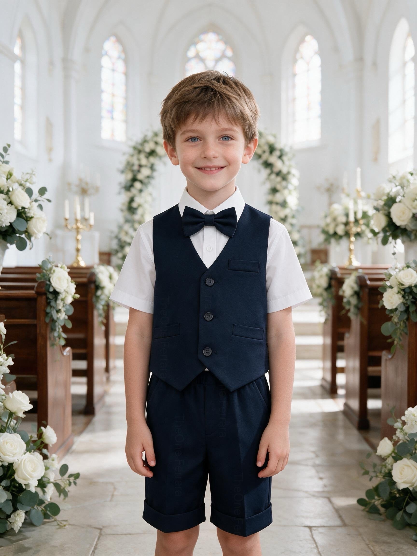 Completo Elegante Bambino Estivo 4 Pezzi con Pantaloncini Abito Cerimonia Matrimonio 1-8 Anni