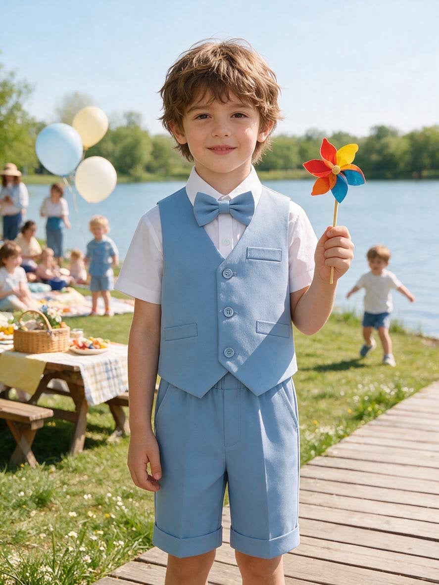 Completo Elegante Bambino Estivo 4 Pezzi con Pantaloncini Abito Cerimonia Matrimonio 1-8 Anni