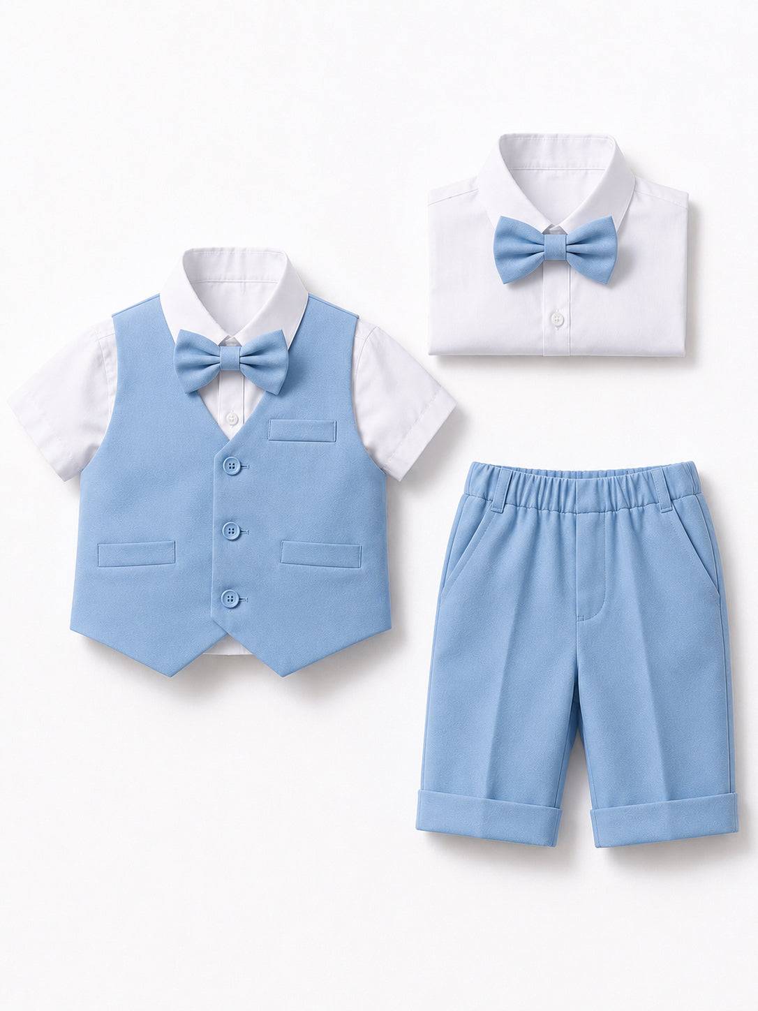 Completo Elegante Bambino Estivo 4 Pezzi con Pantaloncini Abito Cerimonia Matrimonio 1-8 Anni