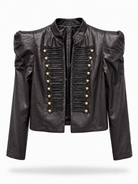 Giacca Corta Donna Effetto Pelle Stile Militare con Alamari 153 Marrone scuro