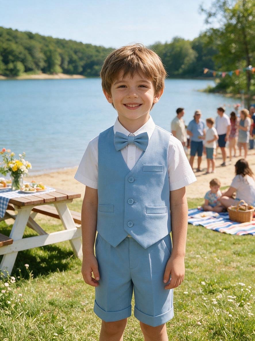 Completo Elegante Bambino Estivo 4 Pezzi con Pantaloncini Abito Cerimonia Matrimonio 1-8 Anni