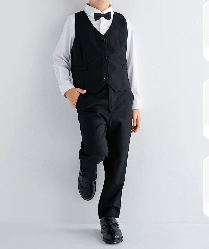 Completo Elegante Bambino 5 Pezzi – Smoking Nero Con Camicia, Papillon E Cintura Per Cerimonie E Matrimoni
