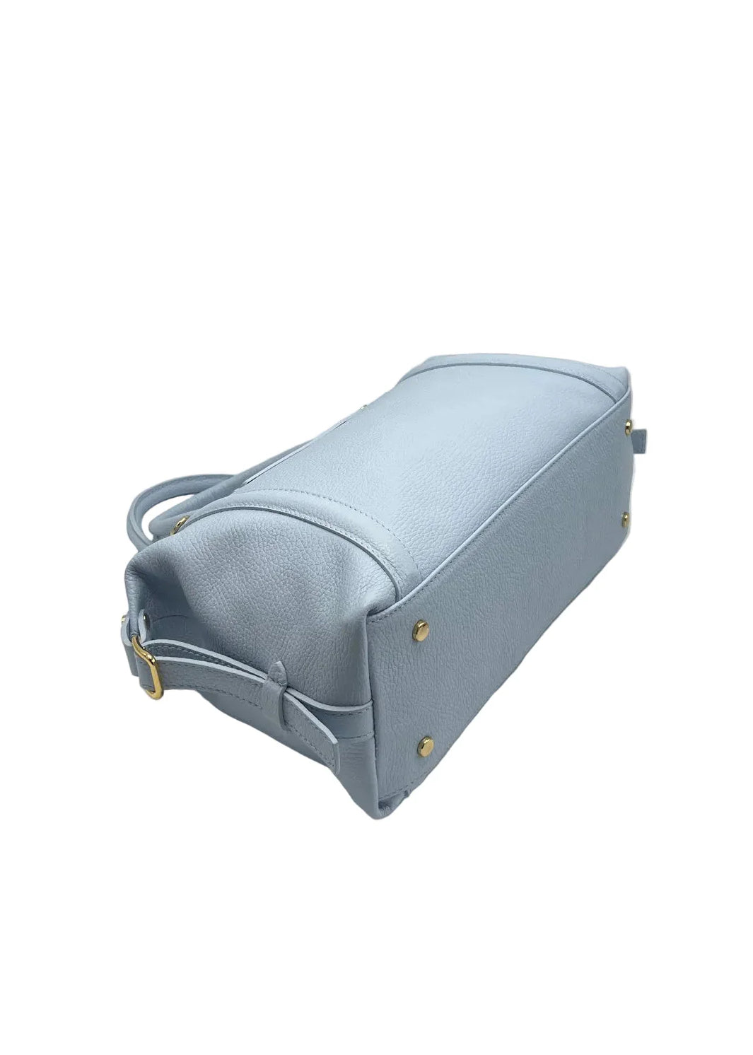 Borsa pelle made in italy in elegante blu, vista laterale con tracolla e dettagli in metallo.
