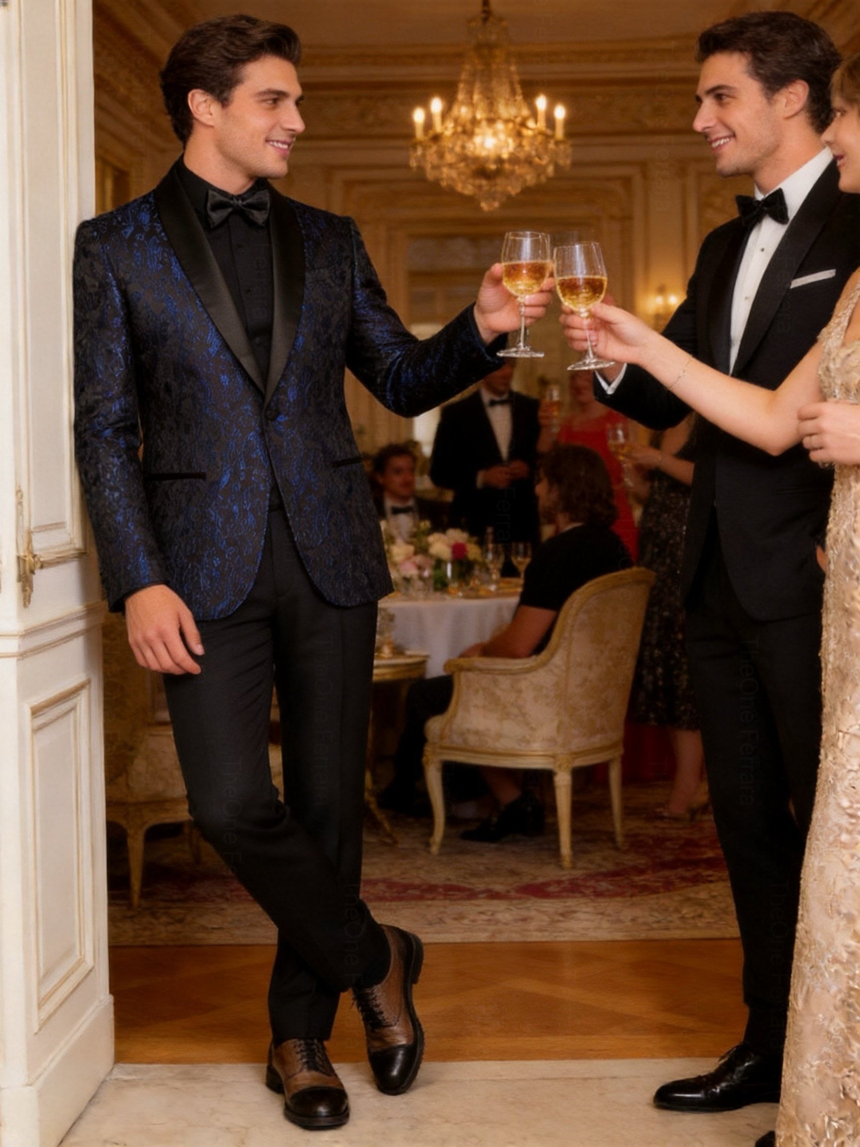 Abito uomo cerimonia slim fit blu jacquard con rever satinato stile smoking