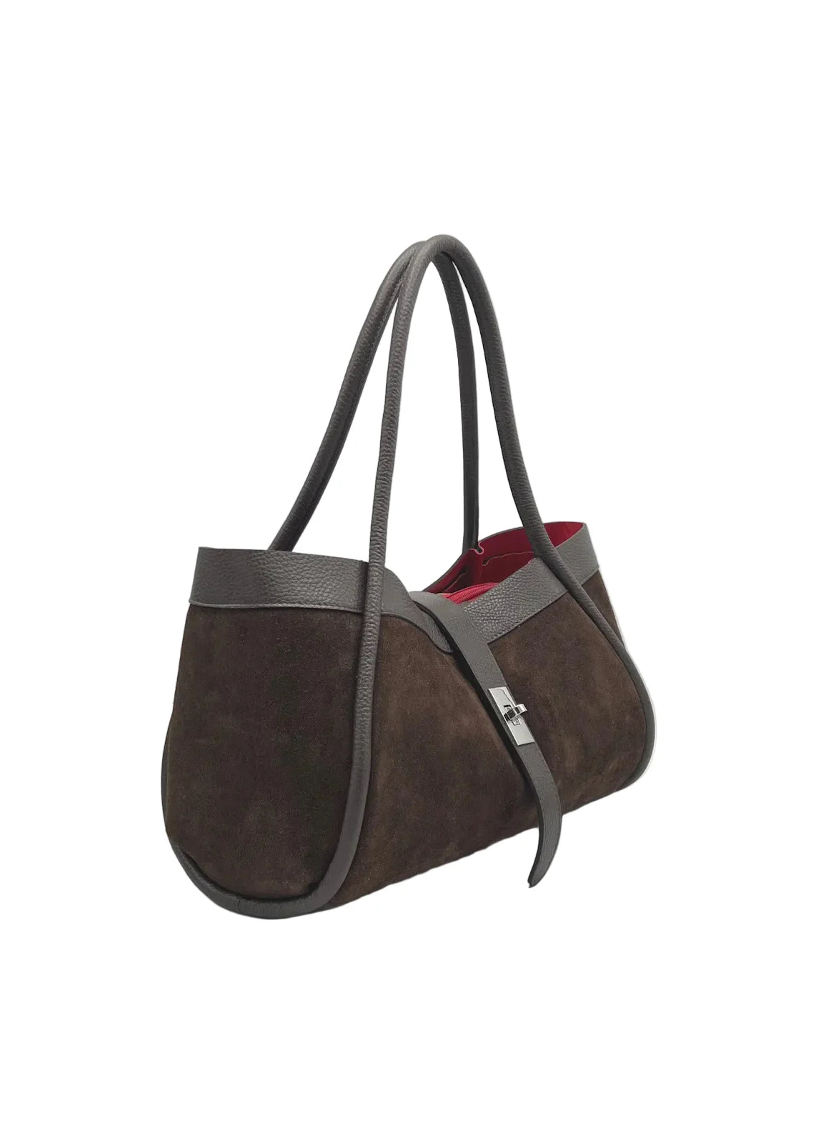 Borsa a Mano in Vera Pelle e Camoscio, Tracolla Removibile, Made in Italy – art. 112752, vista laterale in camoscio marrone.